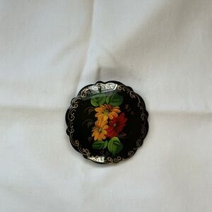 Russian Hand-Painted Floral Black Brooch